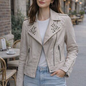 Durango Demi Monde Beige Leather Studded Moto Biker Jacket Zip Size L NWT